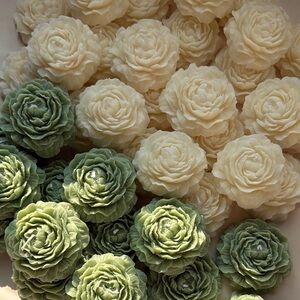 White and Green Faux Florals Decorative Accents with Layered Petal Design